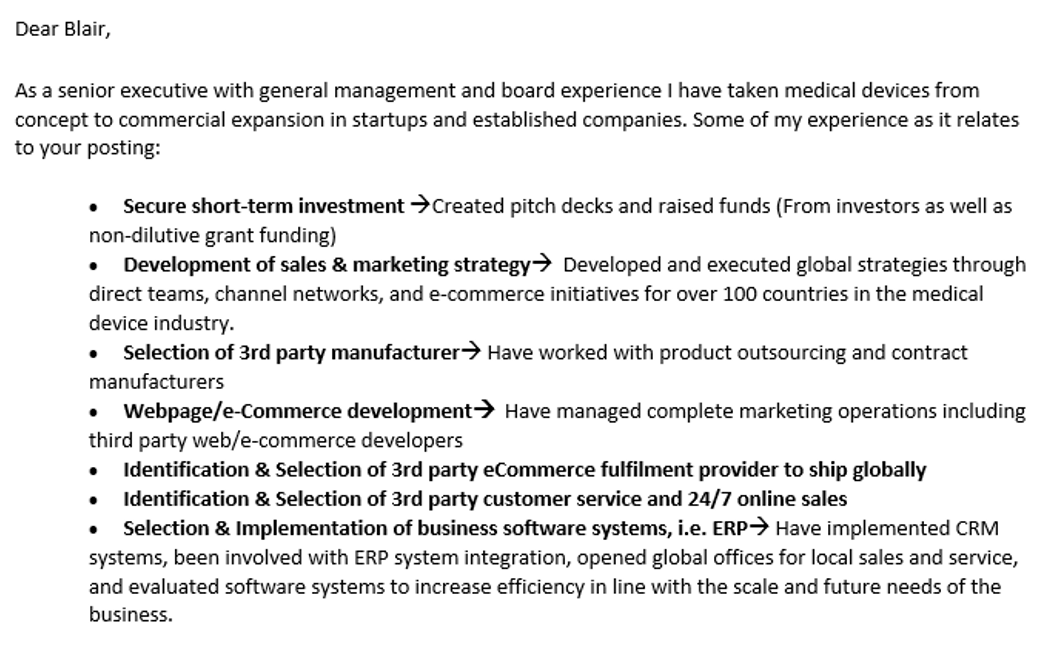 The follow-up email Blair received, beginning 'Dear Blair, As a senior executive with general management and board experience I have taken medical devices from concept to commercial expansion...'
