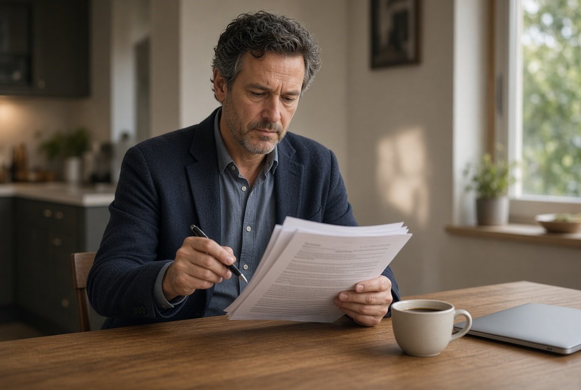 A commercial leader in a navy jacket reading a stack of printed documents at a kitchen table, a coffee and a closed laptop beside him in the morning light.
