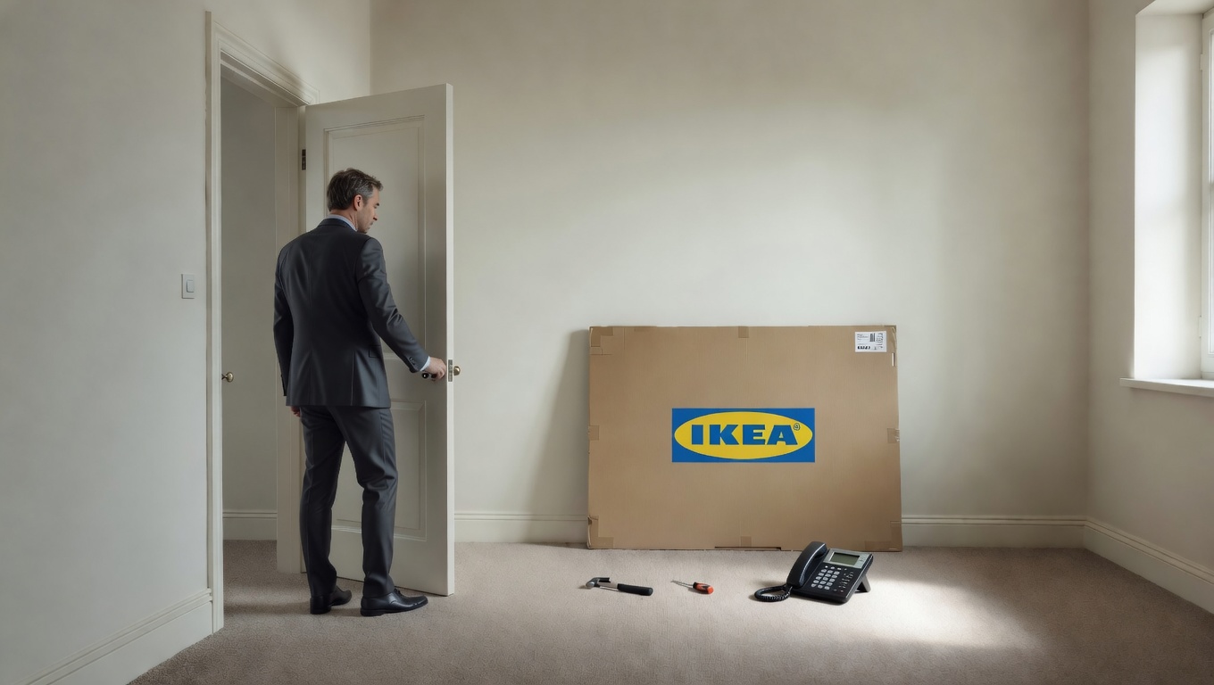 A flat-pack Ikea desk waiting in an empty office on a senior hire's first day.