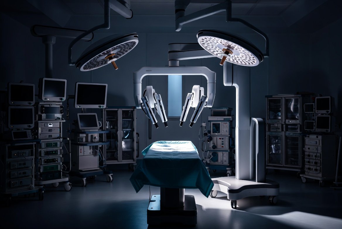 An empty operating theatre lit only by its surgical lamps, a robotic surgical system poised over a vacant table.