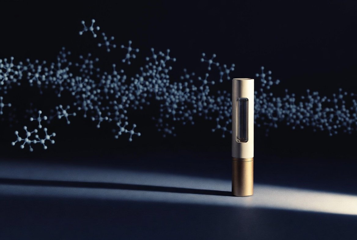 A GLP-1 injection pen lit against a dark background as semaglutide molecules dissolve into shadow behind it, the device holding its value while the compound fades.