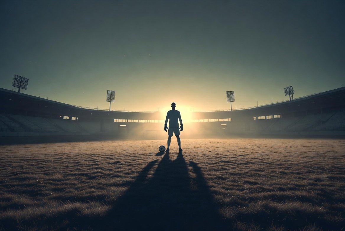 A lone goalkeeper standing with a ball in an empty floodlit stadium at dusk, long shadow stretching across the pitch.