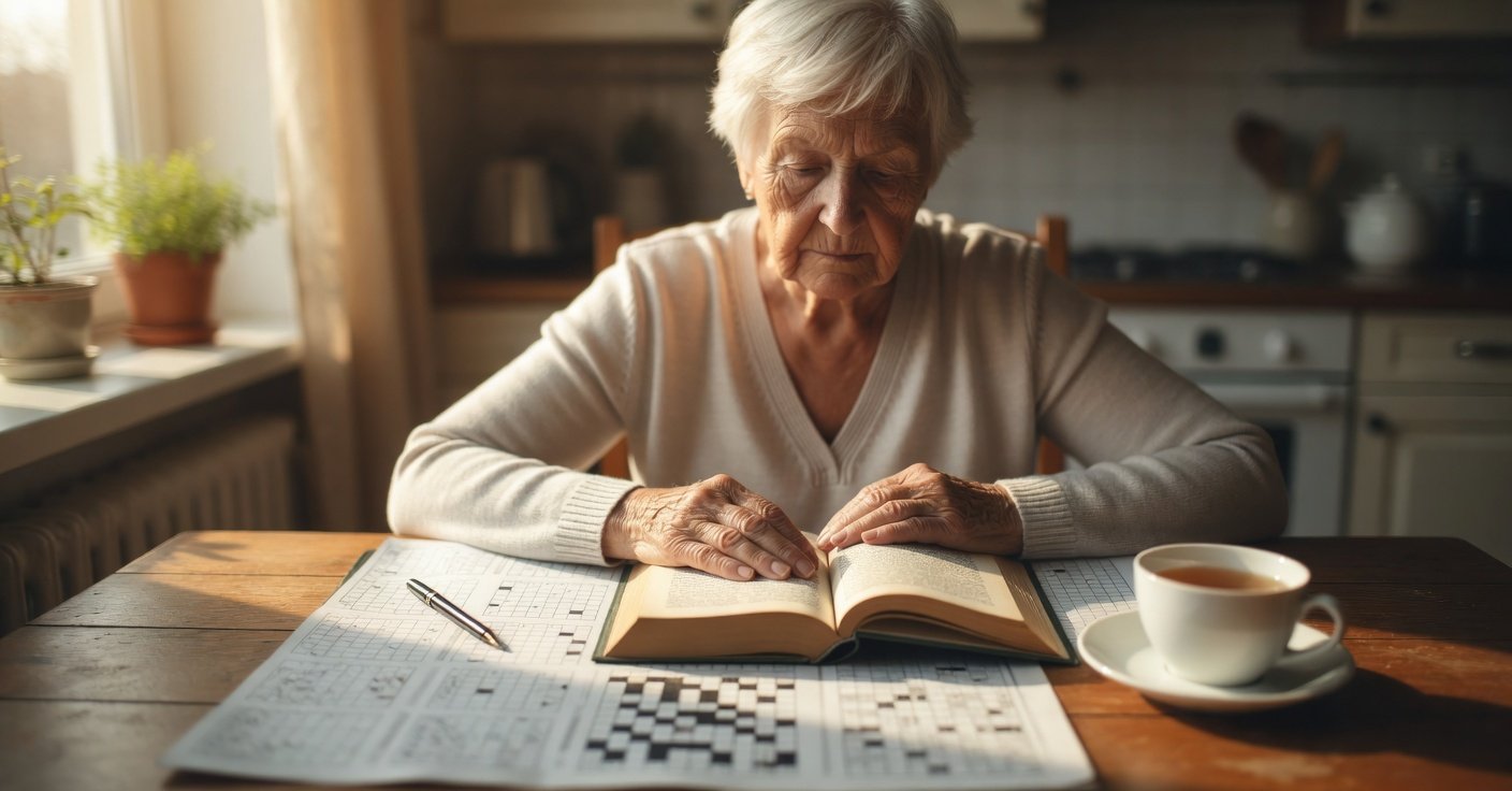 An elderly woman reading at a kitchen table with a crossword puzzle, pen and cup of tea in warm morning light.
