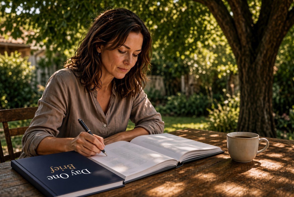 A commercial leader sitting at a wooden table in a sunlit garden, making notes beside an open bound report titled Day One Brief, a coffee cup at her side.
