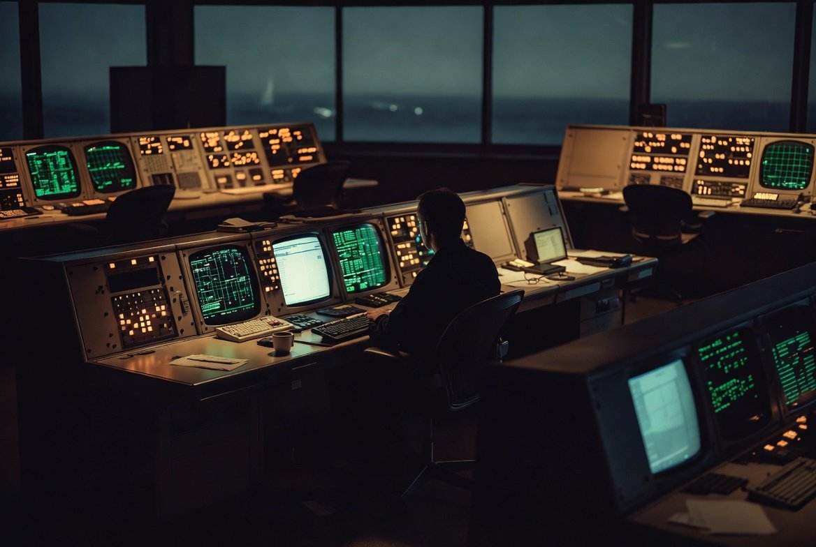 A lone air traffic controller seated before banked green radar screens in a darkened control tower at night, a storm-lit sea through the windows behind him.