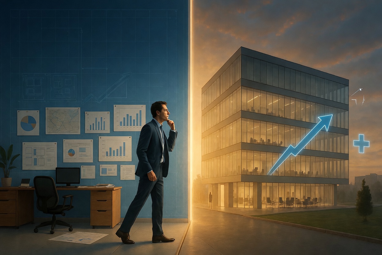 A commercial leader stands at the boundary between an analogue planning room and a glass tower lit at dusk.