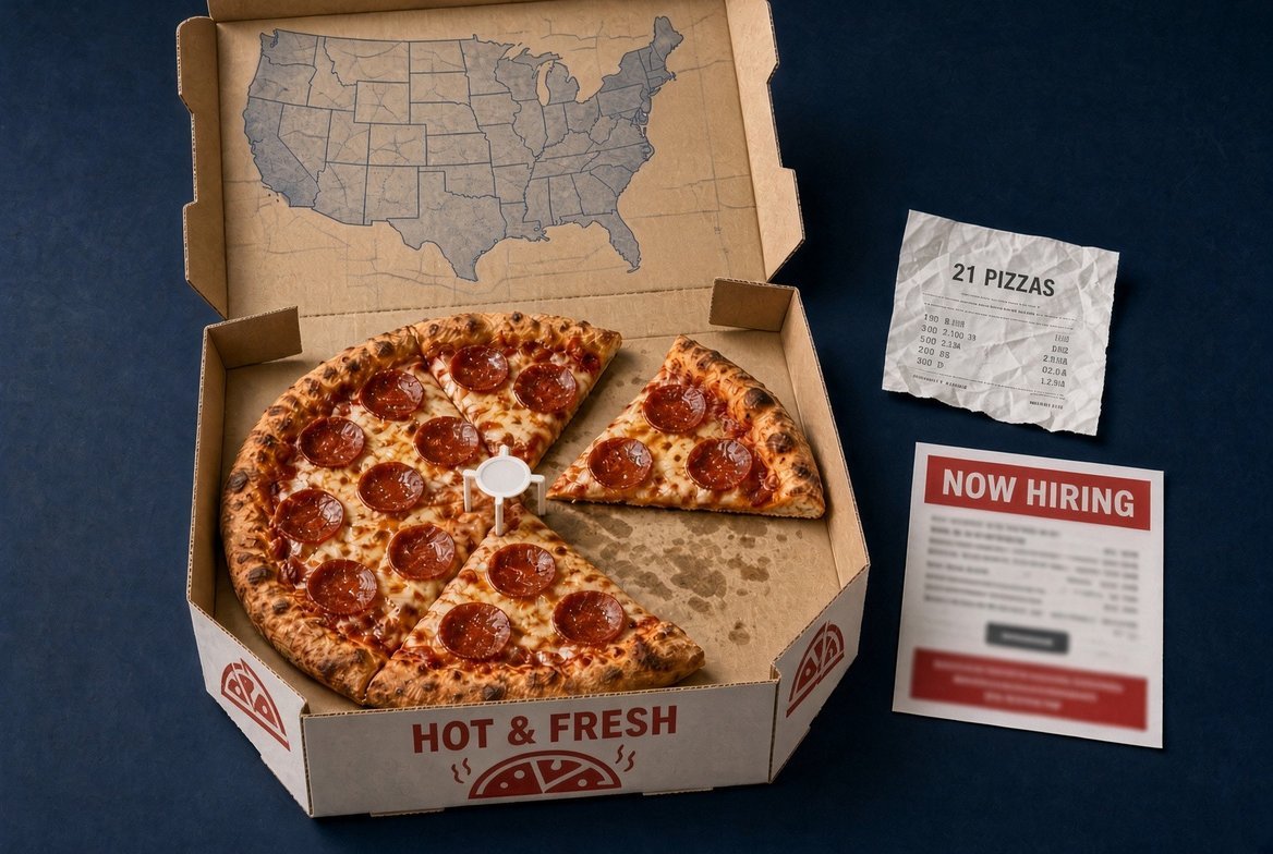 An open pizza box with a map of the United States printed inside the lid and one slice pulled away, beside a crumpled receipt reading 21 pizzas and a blurred Now Hiring flyer.