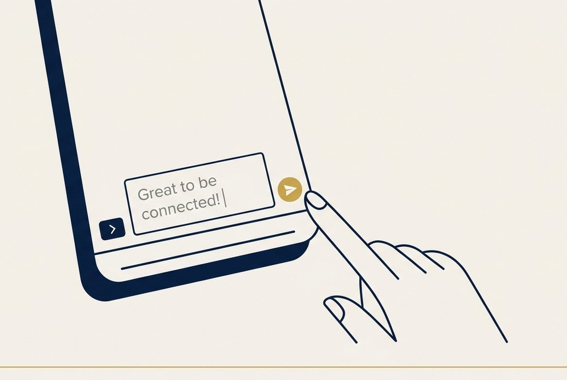 Line drawing of a finger about to press send on a phone message that reads "Great to be connected!"