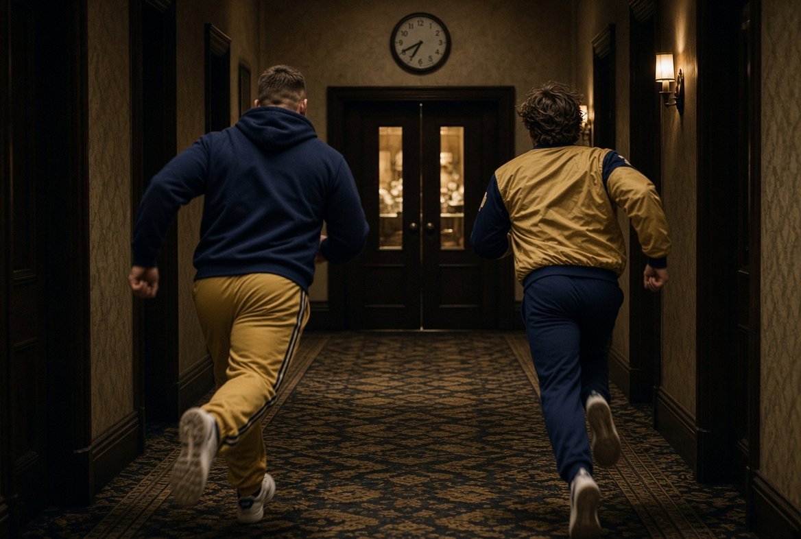 Two players in navy and gold tracksuits running down a dim hotel corridor towards the closed double doors of a lit dining room, under a wall clock showing twenty to eight.