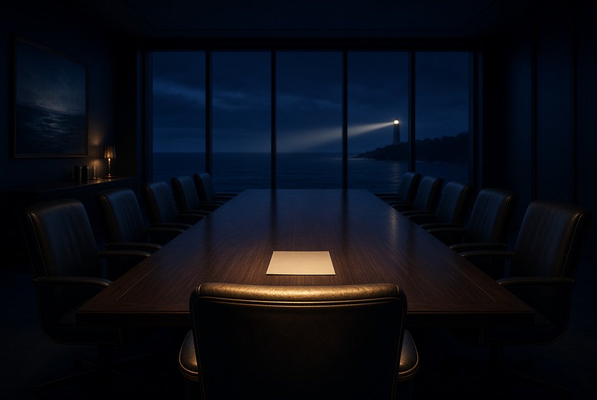 A single figure at the head of a meeting table, papers open, the rest of the room in shadow.