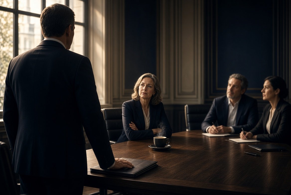 A boardroom table seen from the head of the room, papers and coffee in front of empty chairs before a meeting.