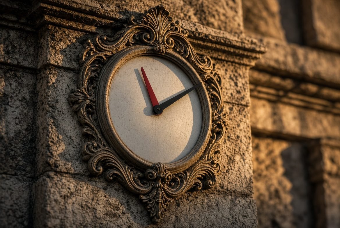 The Corn Exchange clock in Bristol, its face carrying two minute hands set about ten minutes apart.