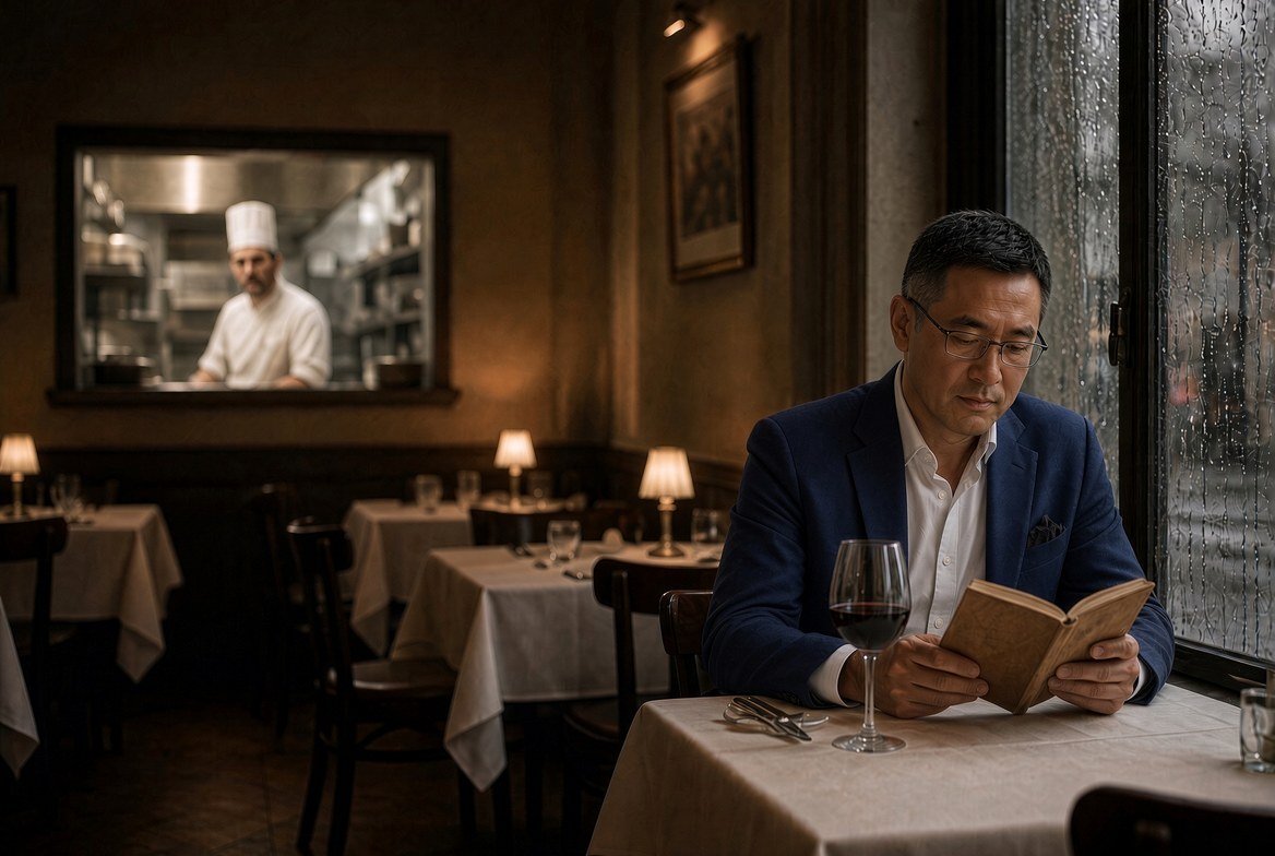 A man dining alone at a white-clothed table by a rain-streaked window, reading a small book, with a chef visible through the kitchen hatch behind him.